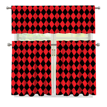 Red And Black Harlequin Pattern Print 3 Piece Kitchen Curtains