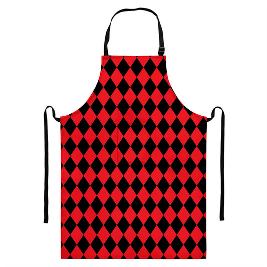 Red And Black Harlequin Pattern Print Bib Apron With Pocket