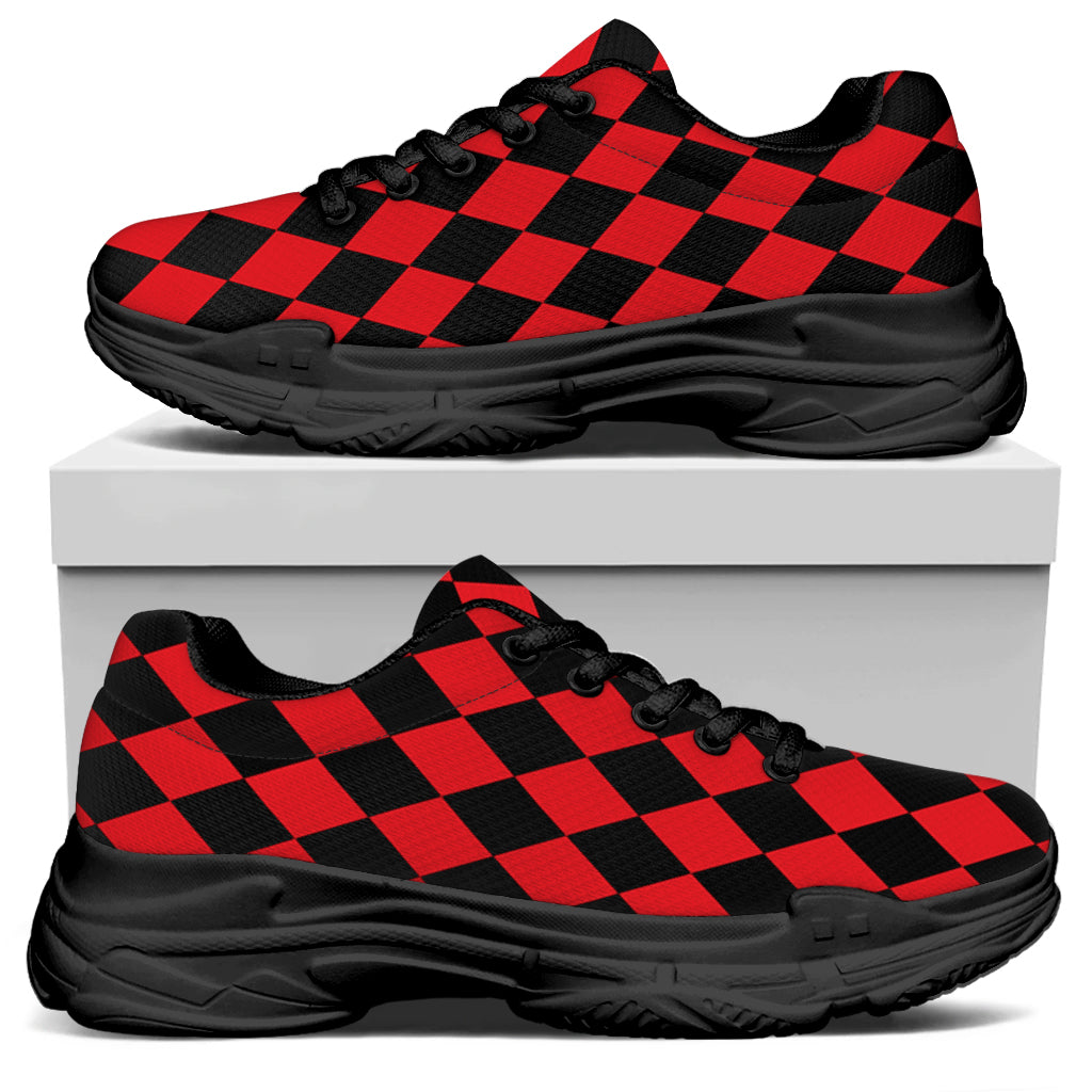 Red And Black Harlequin Pattern Print Black Chunky Shoes