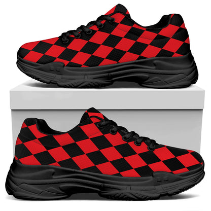 Red And Black Harlequin Pattern Print Black Chunky Shoes