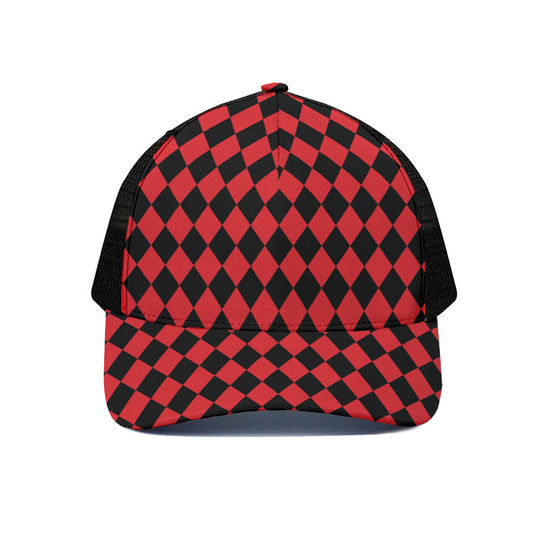 Red And Black Harlequin Pattern Print Black Mesh Trucker Cap