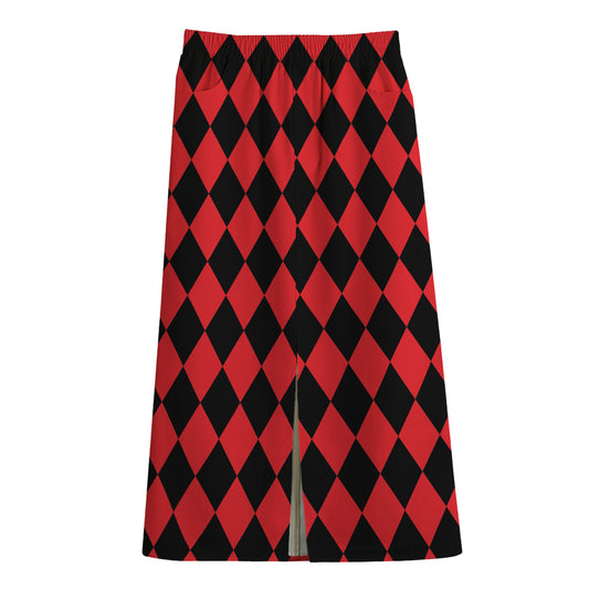 Red And Black Harlequin Pattern Print Cotton Front Slit Maxi Skirt