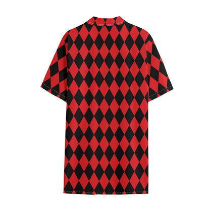 Red And Black Harlequin Pattern Print Cotton Hawaiian Shirt