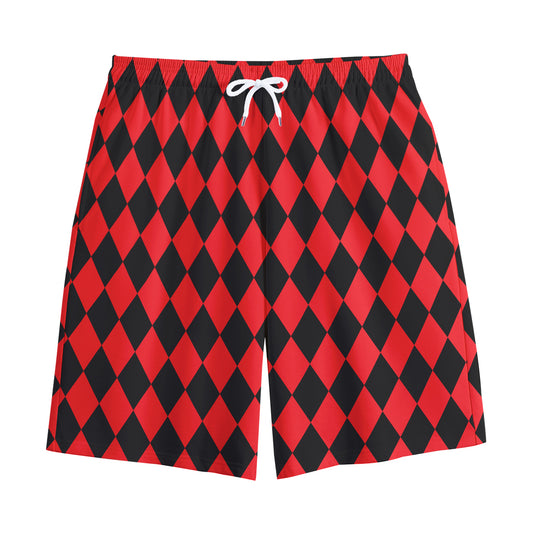 Red And Black Harlequin Pattern Print Cotton Shorts