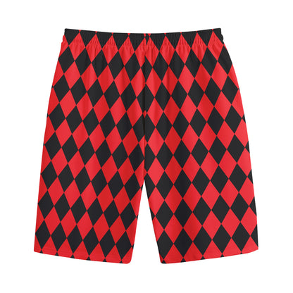 Red And Black Harlequin Pattern Print Cotton Shorts