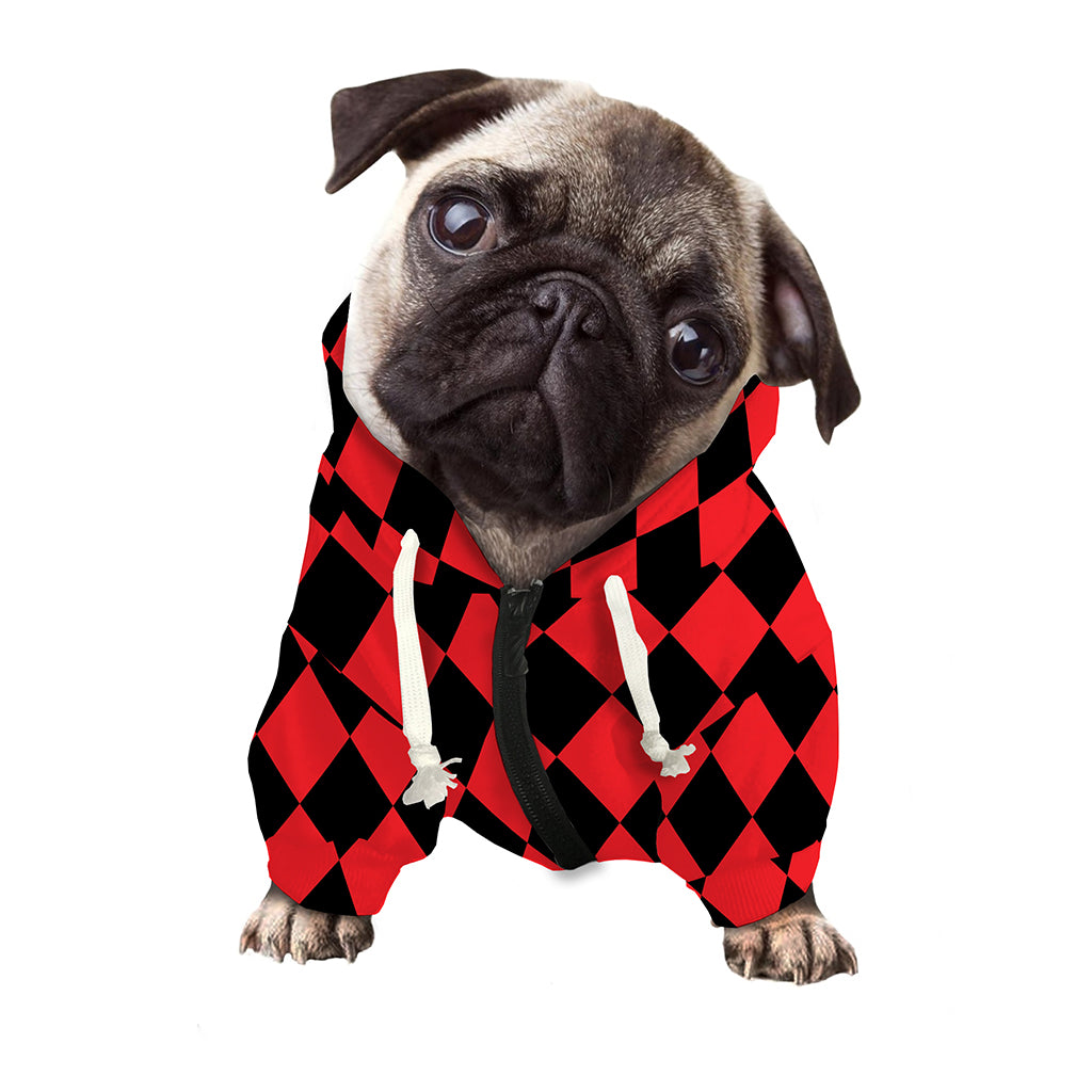 Red And Black Harlequin Pattern Print Dog Zip Up Hoodie