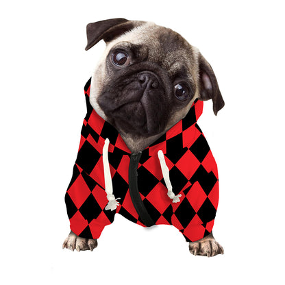 Red And Black Harlequin Pattern Print Dog Zip Up Hoodie