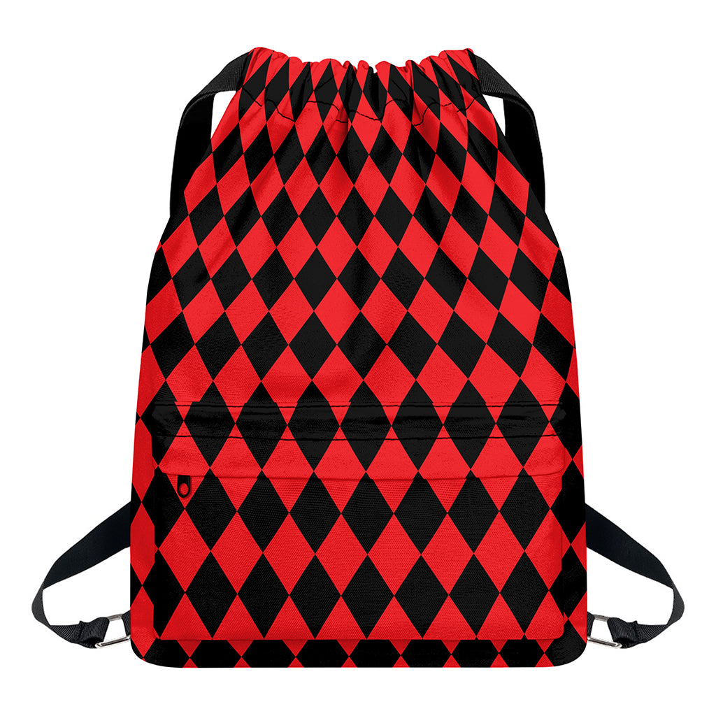 Red And Black Harlequin Pattern Print Drawstring Backpack
