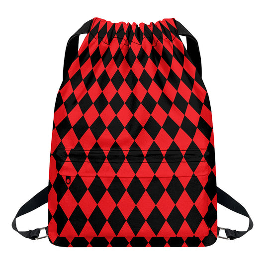 Red And Black Harlequin Pattern Print Drawstring Backpack