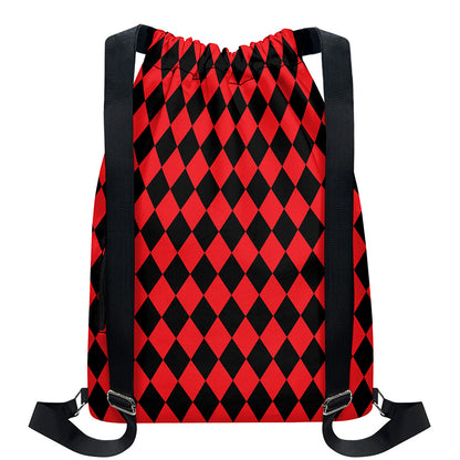 Red And Black Harlequin Pattern Print Drawstring Backpack