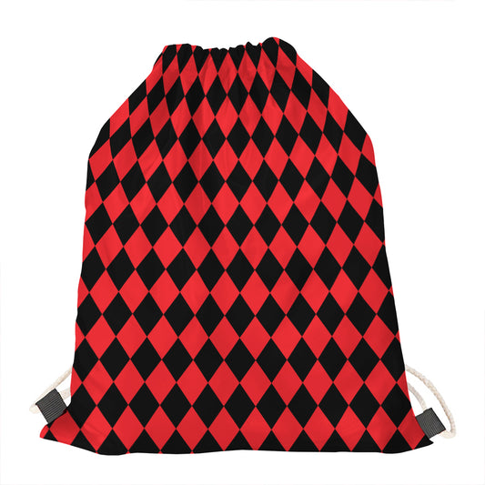 Red And Black Harlequin Pattern Print Drawstring Bag