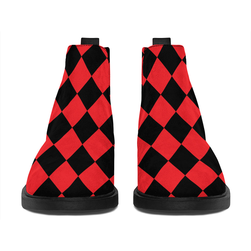 Red And Black Harlequin Pattern Print Flat Ankle Boots