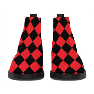 Red And Black Harlequin Pattern Print Flat Ankle Boots