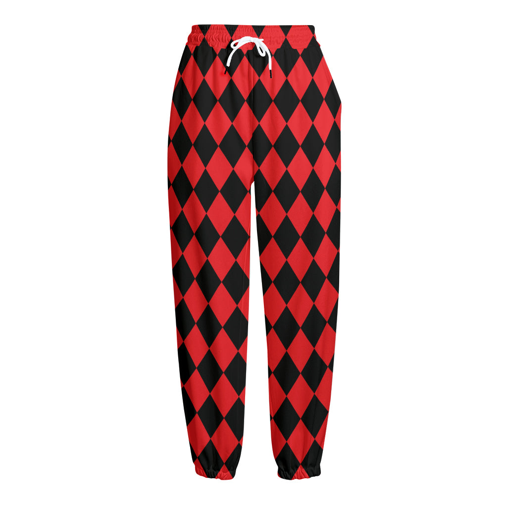 Red And Black Harlequin Pattern Print Fleece Lined Knit Pants
