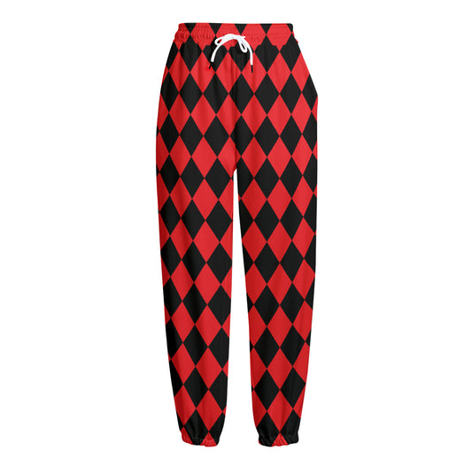 Red And Black Harlequin Pattern Print Fleece Lined Knit Pants