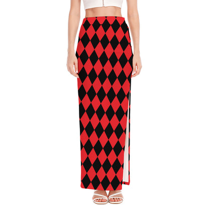 Red And Black Harlequin Pattern Print High Slit Maxi Skirt