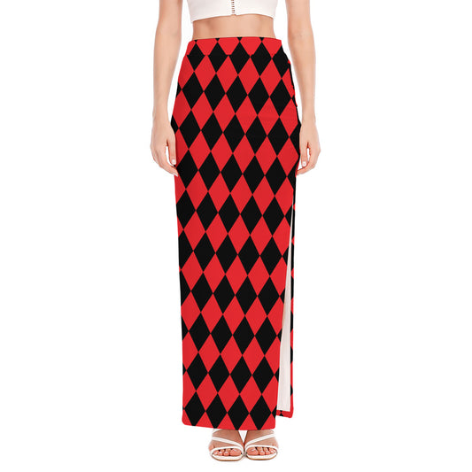 Red And Black Harlequin Pattern Print High Slit Maxi Skirt
