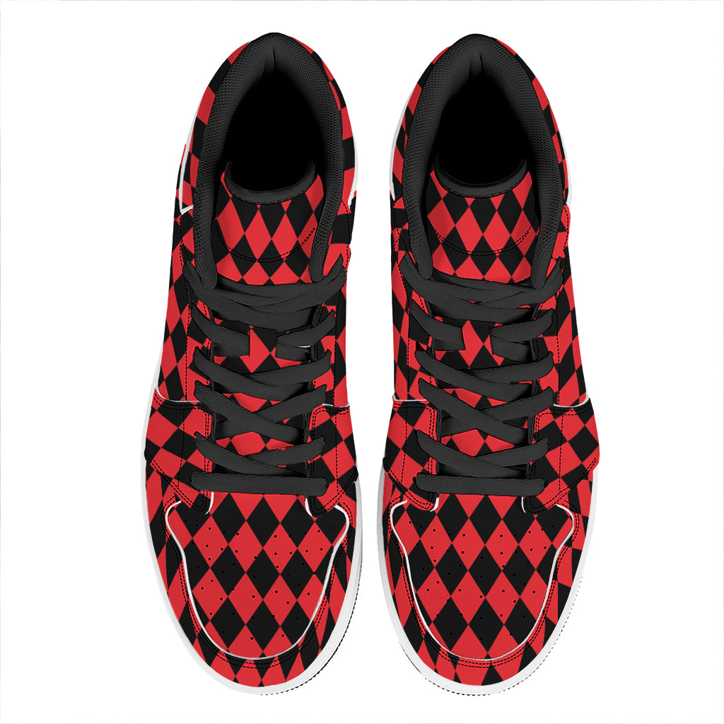 Red And Black Harlequin Pattern Print High Top Leather Sneakers