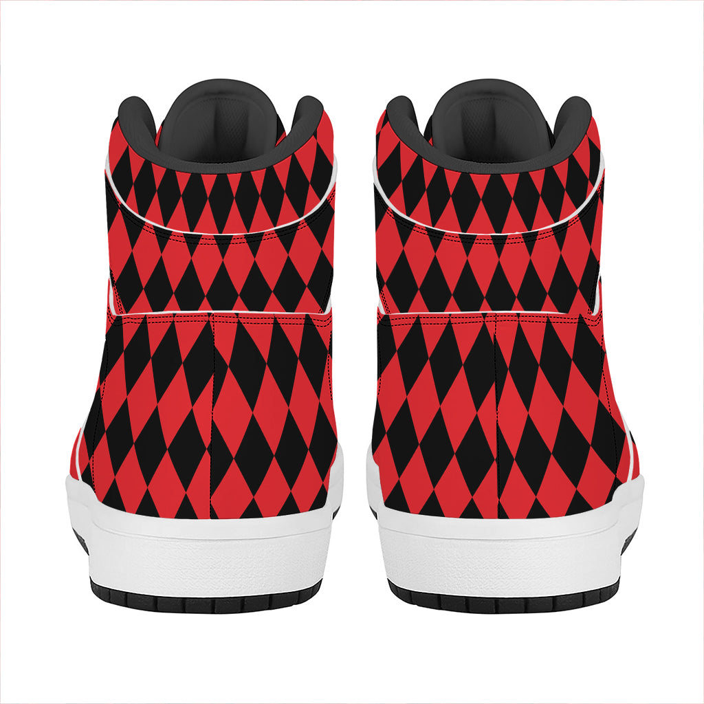 Red And Black Harlequin Pattern Print High Top Leather Sneakers