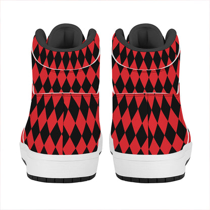 Red And Black Harlequin Pattern Print High Top Leather Sneakers