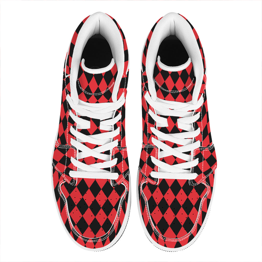Red And Black Harlequin Pattern Print High Top Leather Sneakers