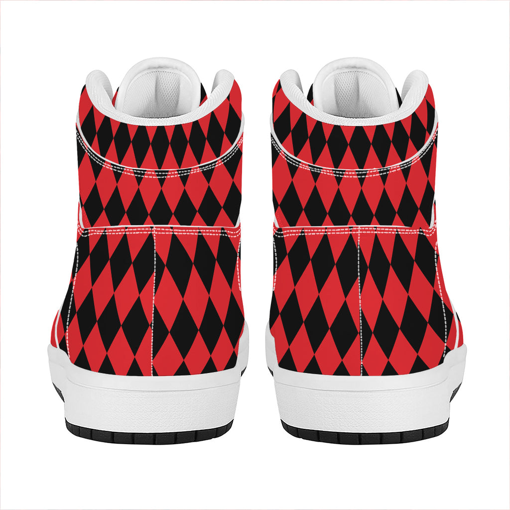 Red And Black Harlequin Pattern Print High Top Leather Sneakers
