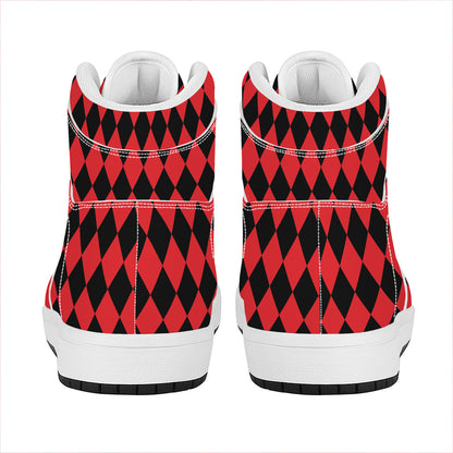 Red And Black Harlequin Pattern Print High Top Leather Sneakers