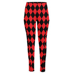 Red And Black Harlequin Pattern Print High-Waisted Pocket Leggings