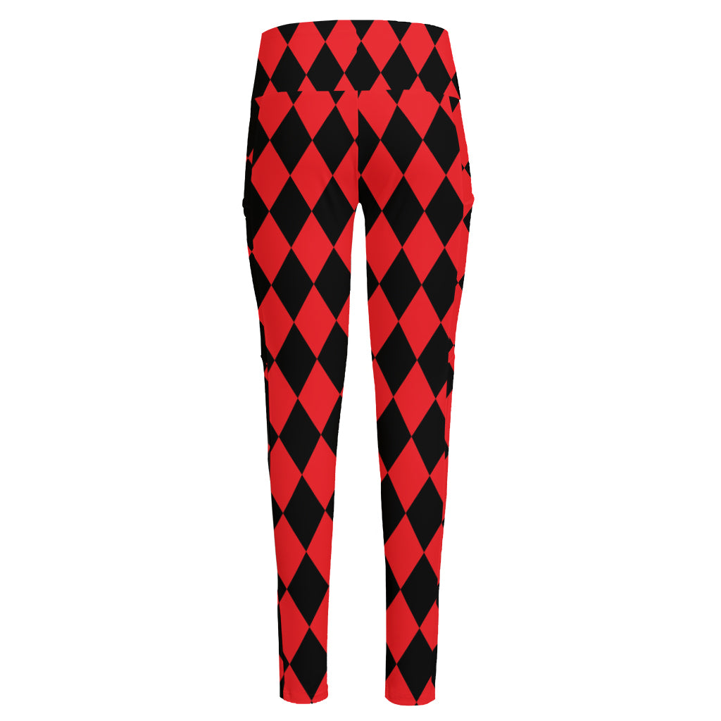 Red And Black Harlequin Pattern Print High-Waisted Pocket Leggings