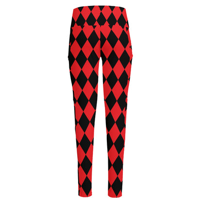 Red And Black Harlequin Pattern Print High-Waisted Pocket Leggings