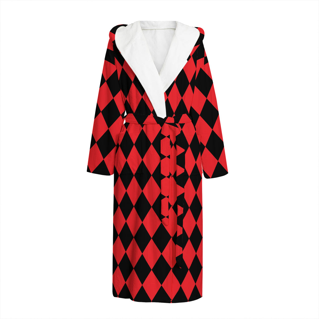 Red And Black Harlequin Pattern Print Hooded Bathrobe