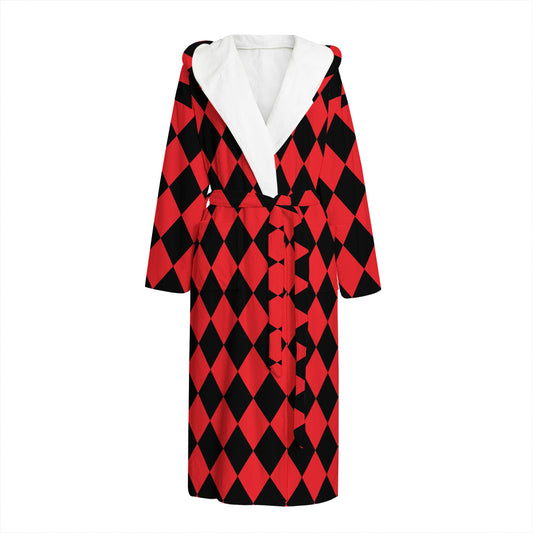 Red And Black Harlequin Pattern Print Hooded Bathrobe