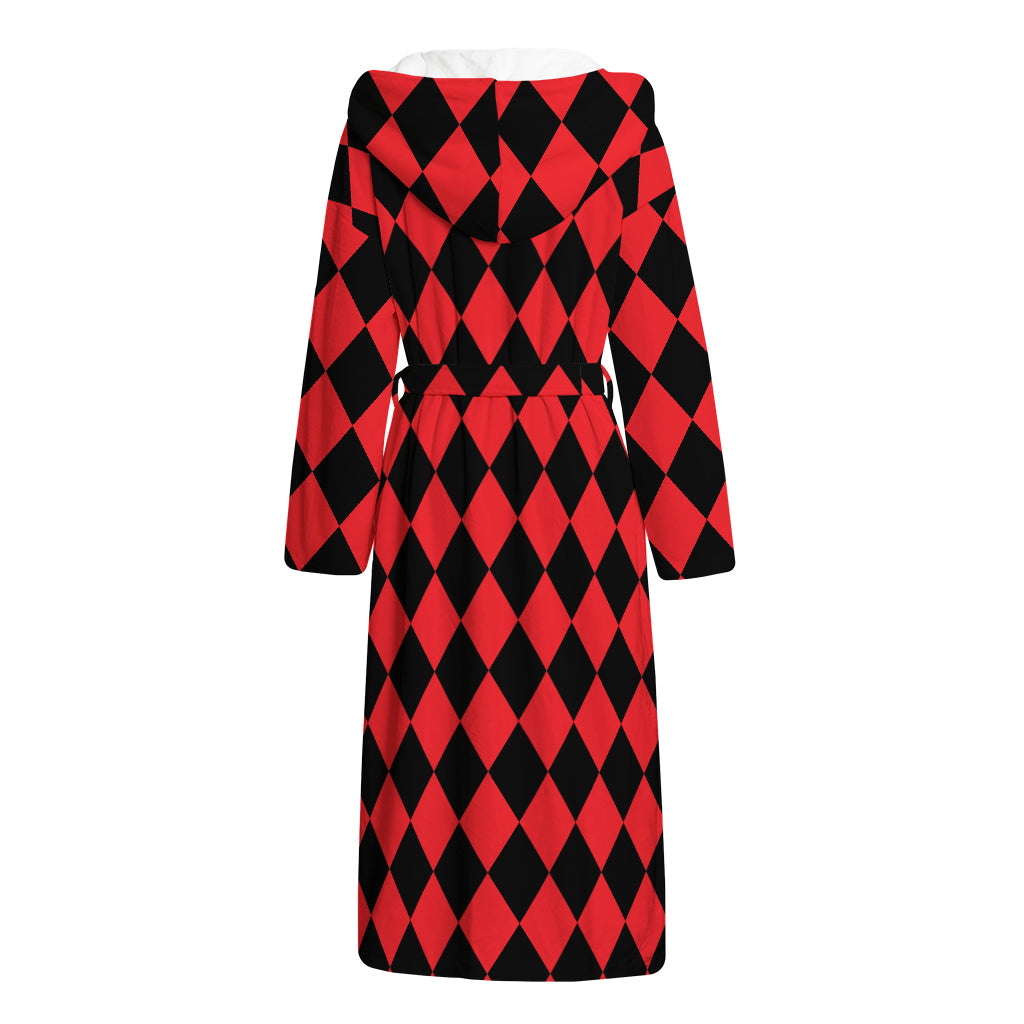 Red And Black Harlequin Pattern Print Hooded Bathrobe