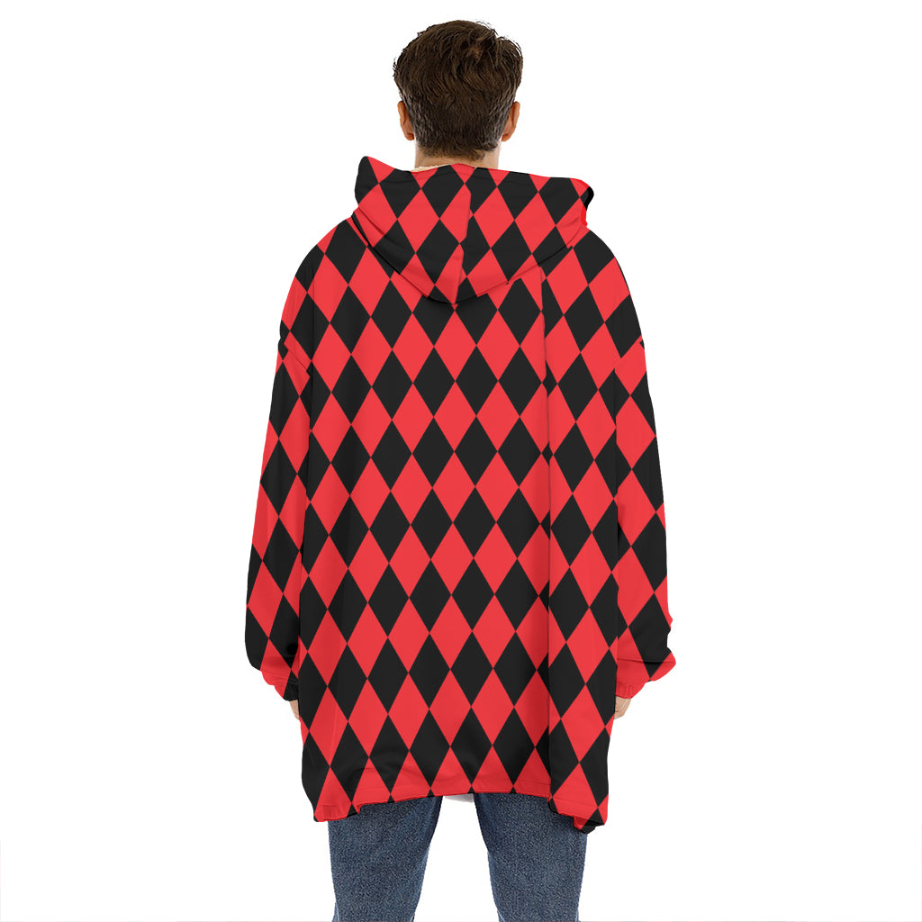 Red And Black Harlequin Pattern Print Hoodie Blanket