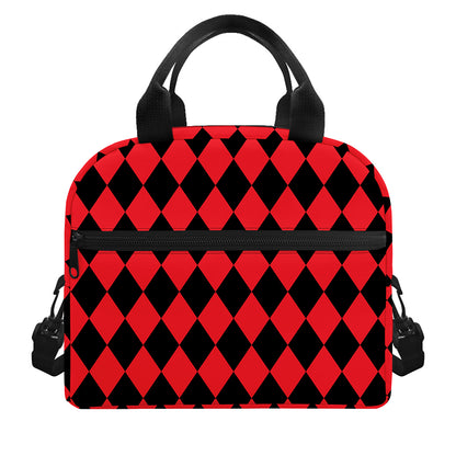 Red And Black Harlequin Pattern Print Insulated Lunch Bag