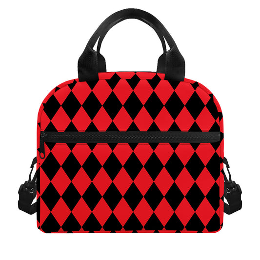 Red And Black Harlequin Pattern Print Insulated Lunch Bag