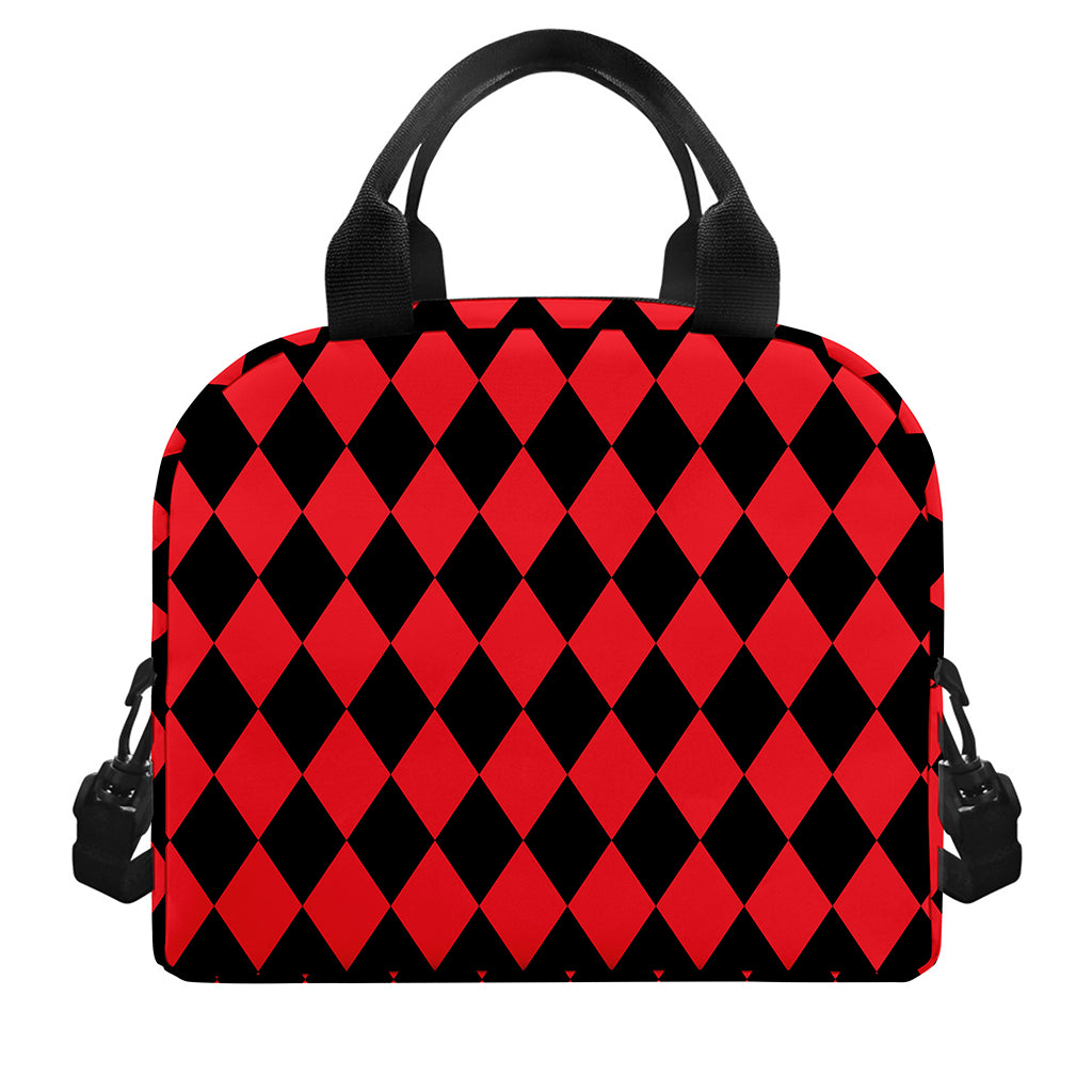 Red And Black Harlequin Pattern Print Insulated Lunch Bag
