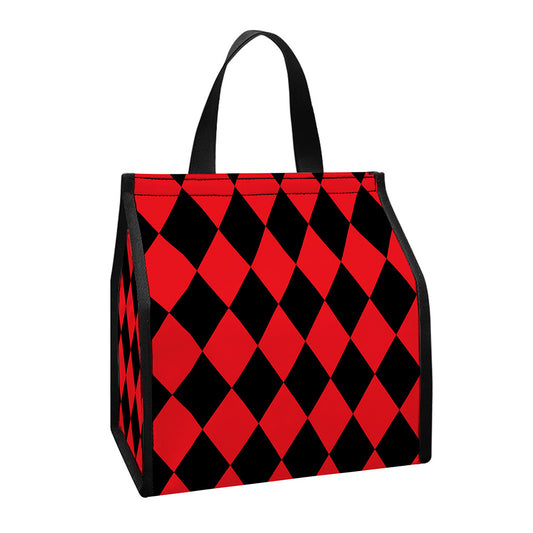 Red And Black Harlequin Pattern Print Insulated Lunch Tote