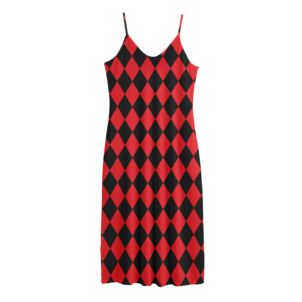 Red And Black Harlequin Pattern Print Jersey Midi Cami Dress