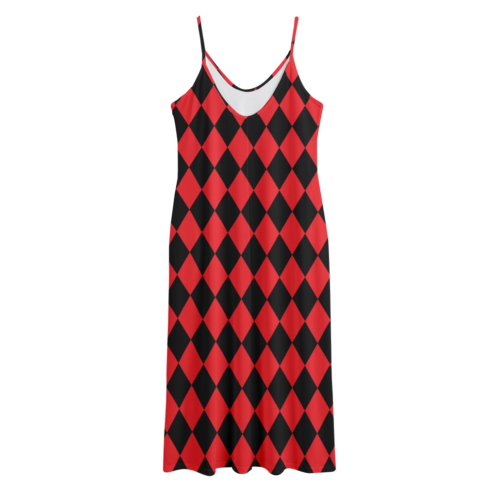 Red And Black Harlequin Pattern Print Jersey Midi Cami Dress