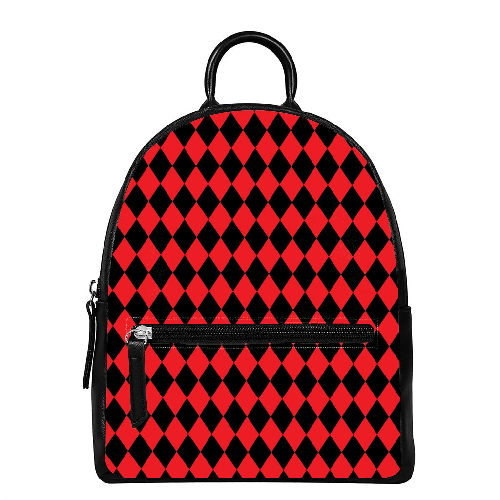 Red And Black Harlequin Pattern Print Leather Backpack