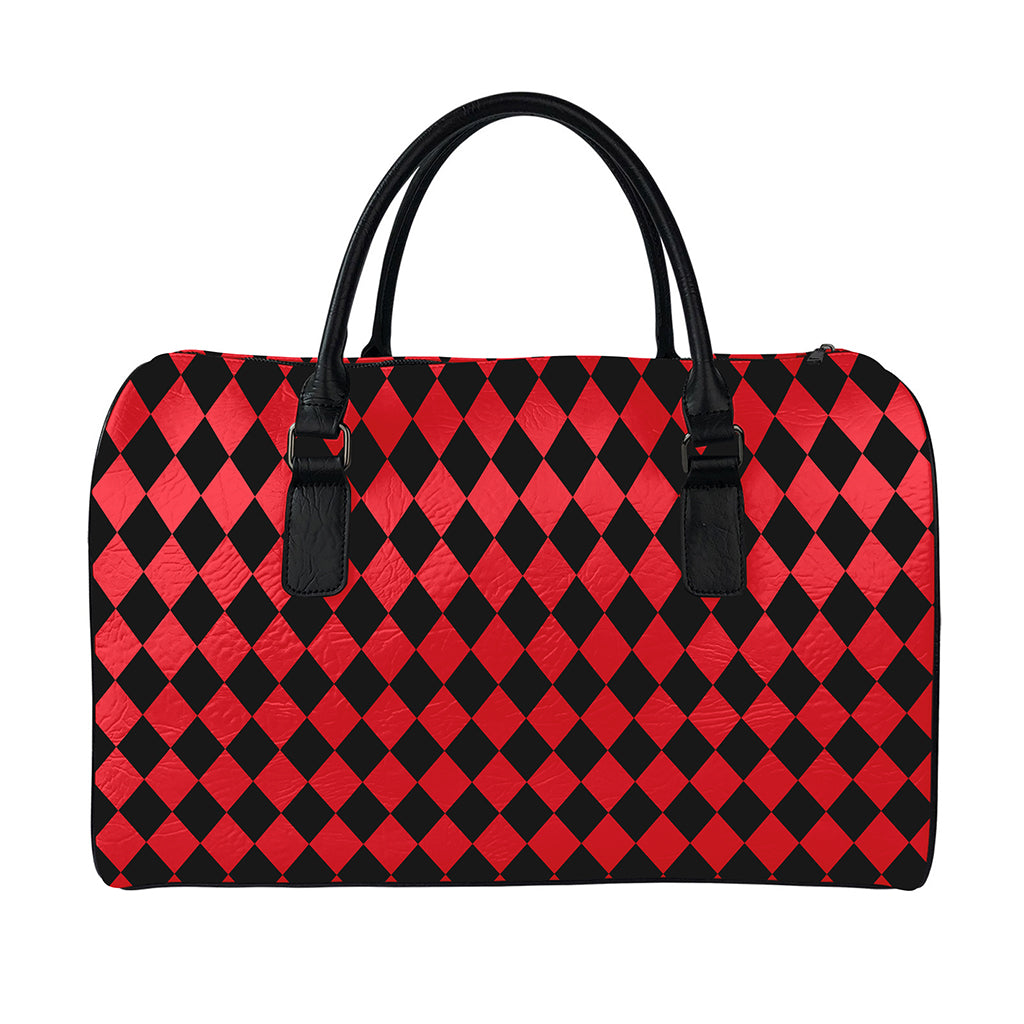 Red And Black Harlequin Pattern Print Leather Duffle Bag