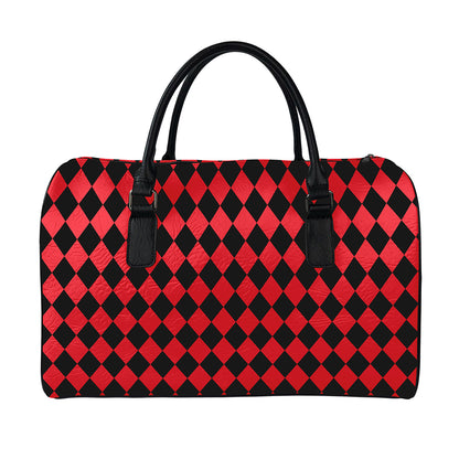 Red And Black Harlequin Pattern Print Leather Duffle Bag