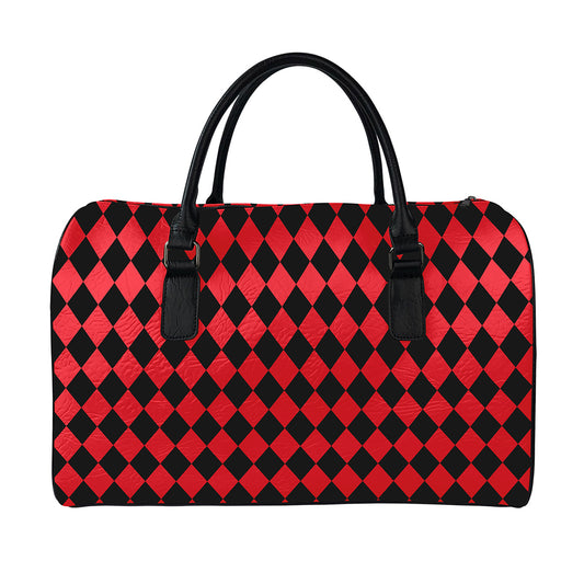 Red And Black Harlequin Pattern Print Leather Duffle Bag