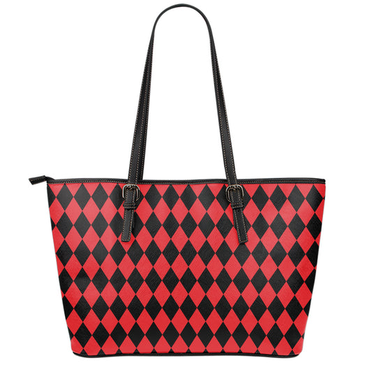 Red And Black Harlequin Pattern Print Leather Tote Bag