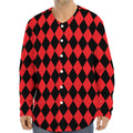 Red And Black Harlequin Pattern Print Long Sleeve Baseball Jersey