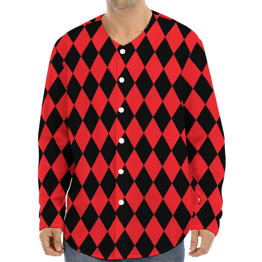 Red And Black Harlequin Pattern Print Long Sleeve Baseball Jersey