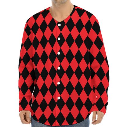 Red And Black Harlequin Pattern Print Long Sleeve Baseball Jersey