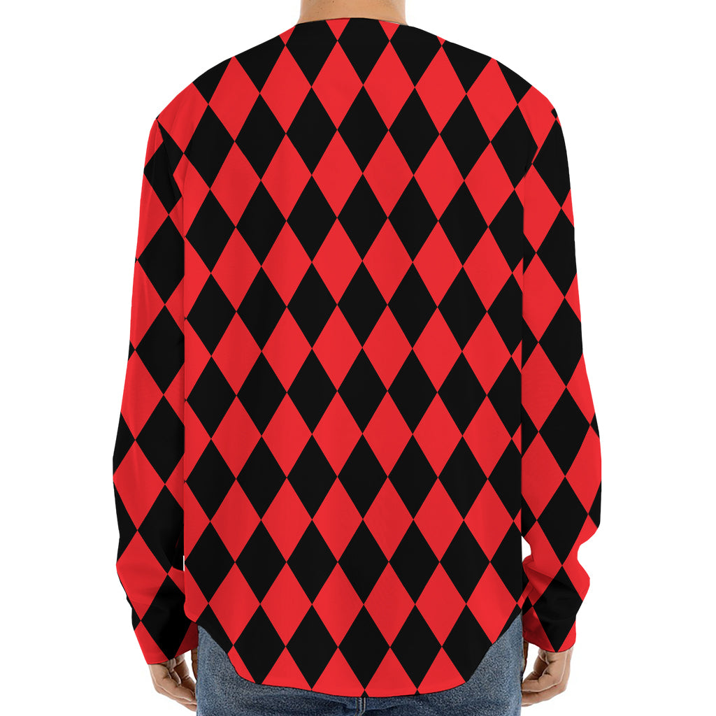 Red And Black Harlequin Pattern Print Long Sleeve Baseball Jersey