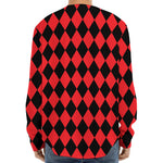 Red And Black Harlequin Pattern Print Long Sleeve Baseball Jersey